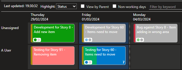 Tasks showing the status colour as the background, but also with the progress of an individual task