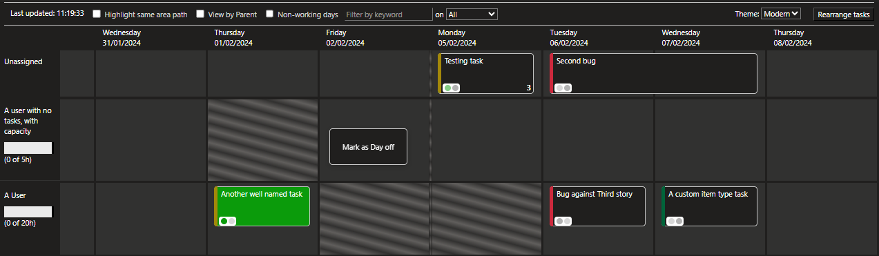 Plan showing a user without tasks, and with the weekend hidden